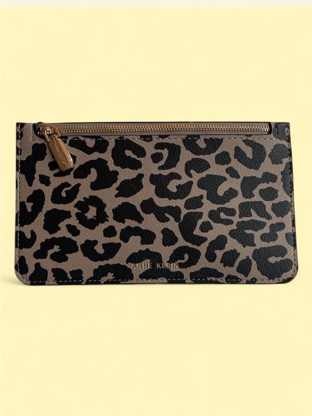 Anne Klein Leopard Print Zip Pouch - Taupe & Black with Gold Hardware